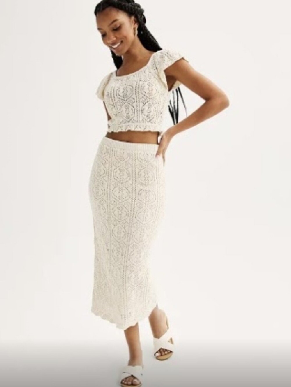 Freshman 1996 Cream Crochet Maxi 2 Piece Top with Scallop Hem Skirt NWT Size XL